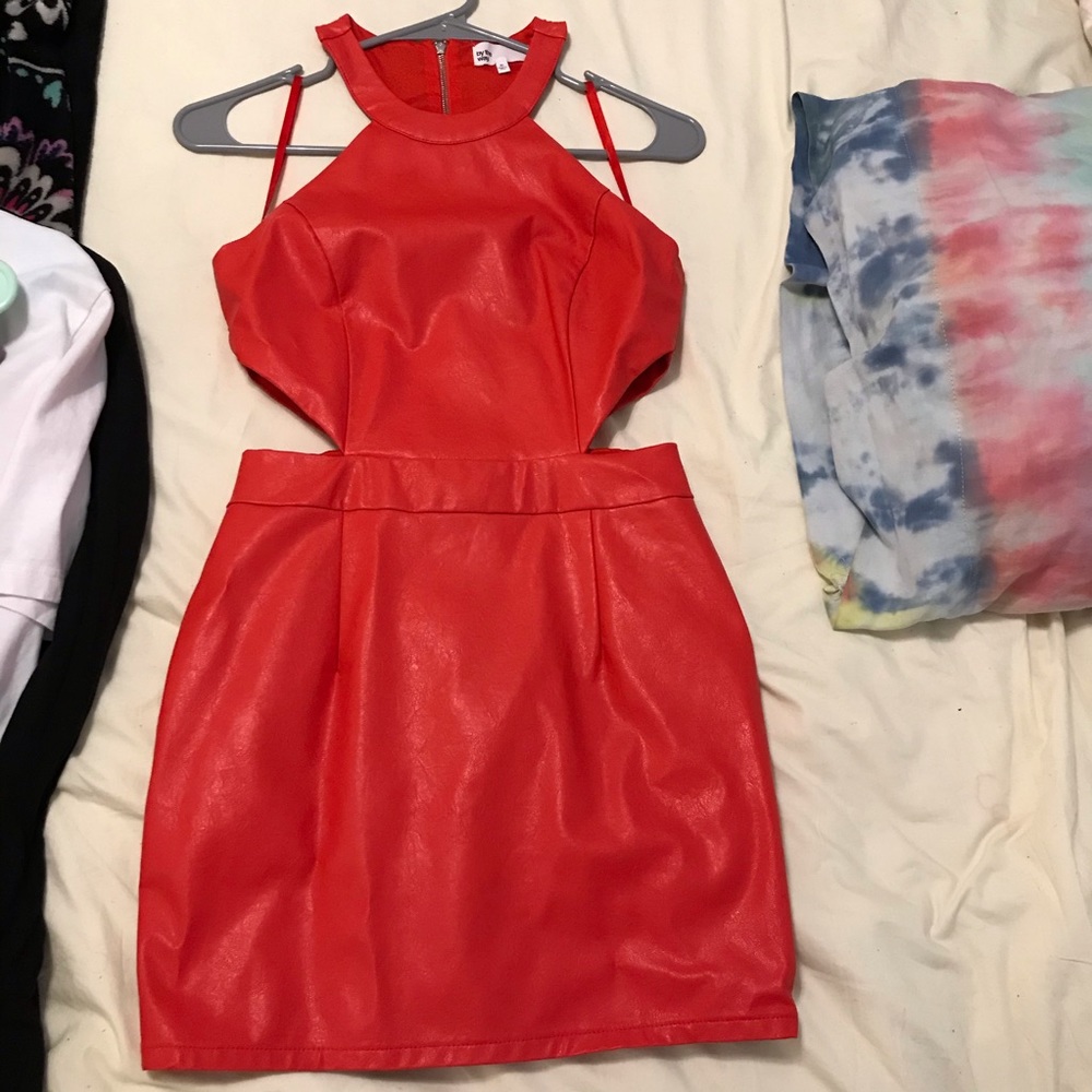 red leather tight dress
